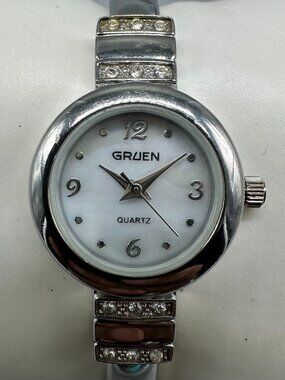 3/$30 Gruen Watch Women Silver Tone White Mother of Pearl Dial New Battery 6.75